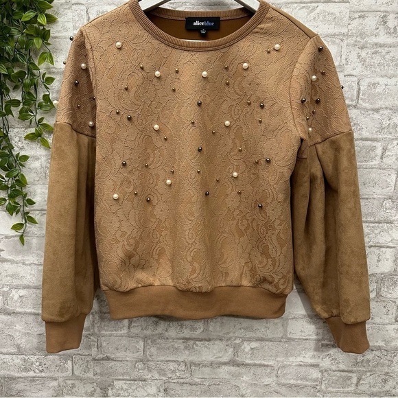 Alice Blue Pear Beaded Sweater women’s size medium tan‎ lace beautiful - Picture 1 of 7